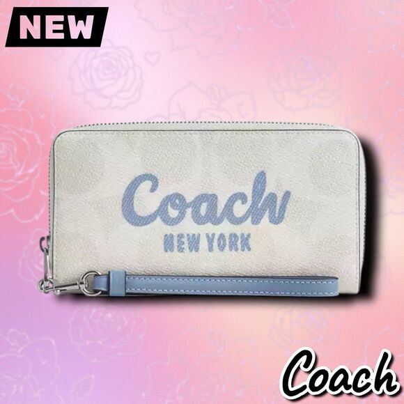 New NWT Coach Long Zip Around Wallet – Signature Canvas in Sv/Chalk/Bluebell - Picture 1 of 3